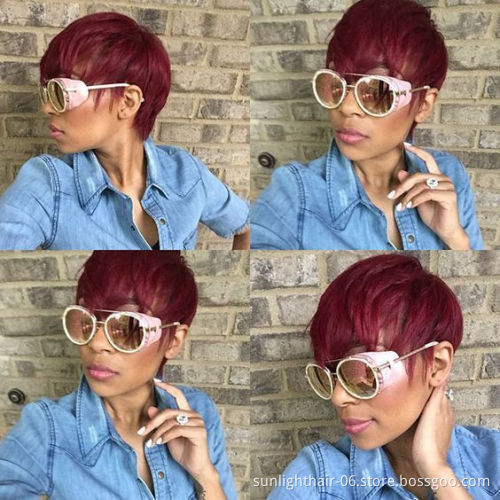 Bas prix de gros 99j rouge couleur vrai cheveux humaine bresilienne perruque coupe courte pixie Bob cheveux humains pour femme